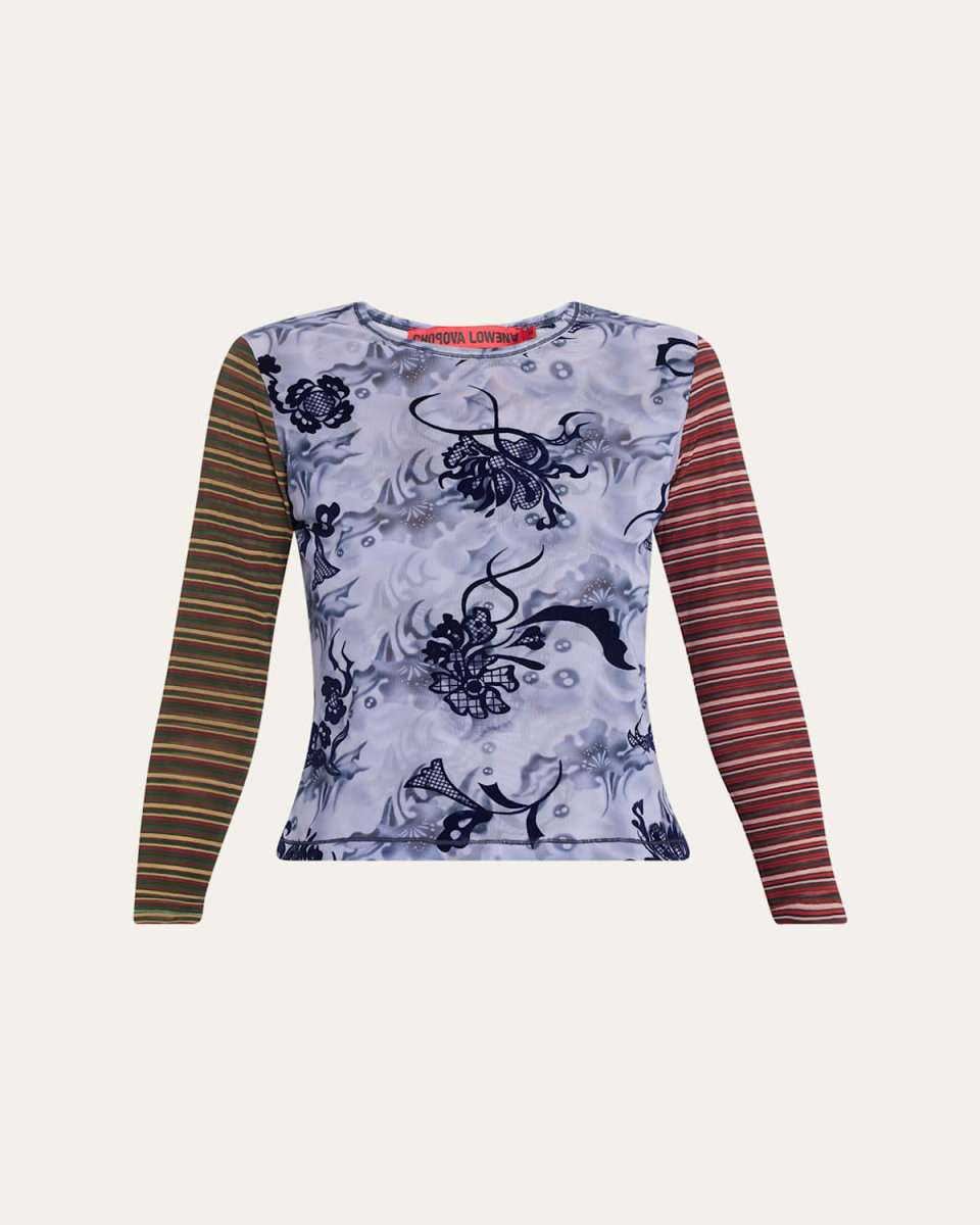 Gail Mixed-Print Flocked Mesh Top